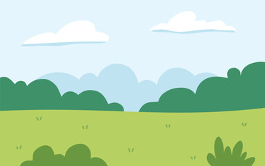 Serene Landscape With Grassy Field, Lush Green Bushes, And A Peaceful Blue Sky With Fluffy Clouds.