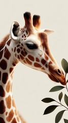 Obraz premium Detailed portrait of a giraffe with leaves.