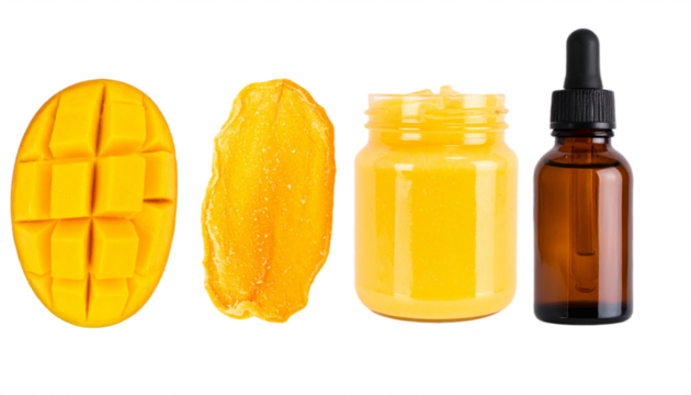 Vibrant mango puree, dried fruit, and amber dropper bottle showcase tropical essence and natural wellness.