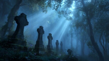 Fototapeta premium Eerie graveyard with cross tombstones shrouded in mist and ethereal light. Concept for Halloween backgrounds, gothic novel illustration and cemetery landscape design.