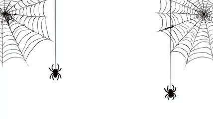 Halloween illustration featuring spiderwebs and spiders in black silhouette on a white background, concept for spooky season decoration, invitation card design and party banner.