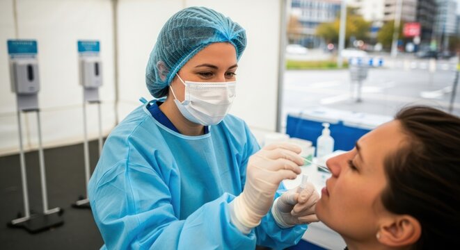 A healthcare worker in PPE administers a nasal swab test to a patient.