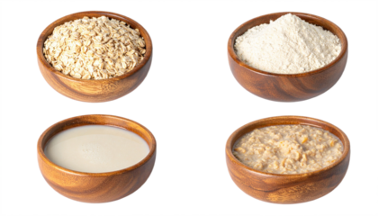 Discover wholesome oats in four essential forms: raw flakes, fine flour, creamy milk, and hearty cooked porridge.