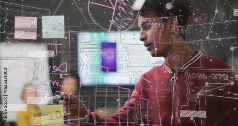 Aufkleber annotating glass circuit board, leader pointing to technology team explaining smartphone wireframe