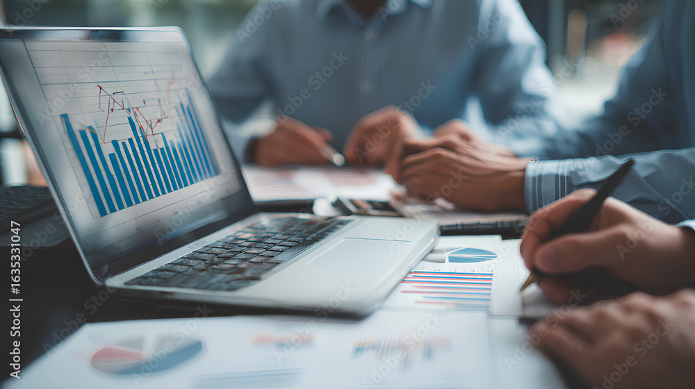 Poster business team using laptop computer analyzing sales data and financial growth graph chart report. bu