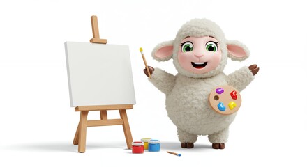 Naklejka premium Cartoon sheep artist with easel and paint supplies