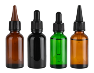 Four assorted dropper bottles amber black green glass vials for essential oils cosmetics tinctures