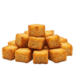 Pile of golden croutons, small toasted bread cubes, food ingredient isolated on transparent background