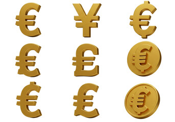 Obraz premium 3D Rendered Gold Euro Yen And Pound Currency Symbols Isolated On Black Background