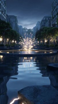 Luminous Fountain in a Cracked Plaza at Night
