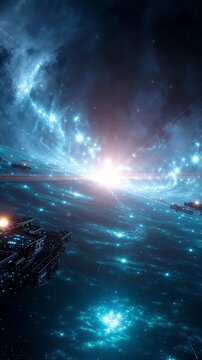 Dark Blue Nebula with Glowing Spaceships
