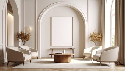 Fototapeta premium Elegant Living Room with Arched Alcove and Modern Furniture Arrangement.