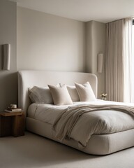 Fototapeta premium A bed with a white comforter and pillows