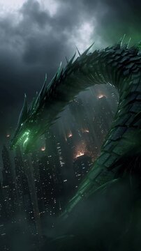 Green Dragon Over Dark City at Night