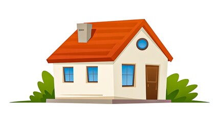 cartoon house with red roof and green bushes on white background