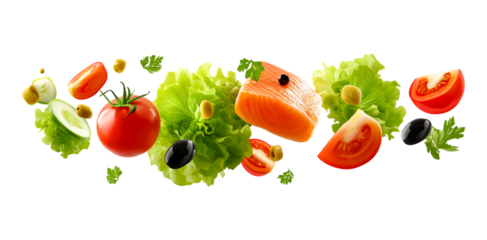 Salmon, salad leaves, and olives floating in the air isolated on a transparent background