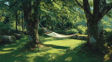 Tranquil hammock scene in sun-drenched garden.  Relaxing summer day, peaceful backyard. Use  Postcard, calendar