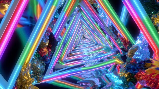 Neon Triangle Tunnel, Abstract Background, Glowing Lights