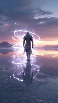White Clad Figure Walking on Reflective Water at Sunset
