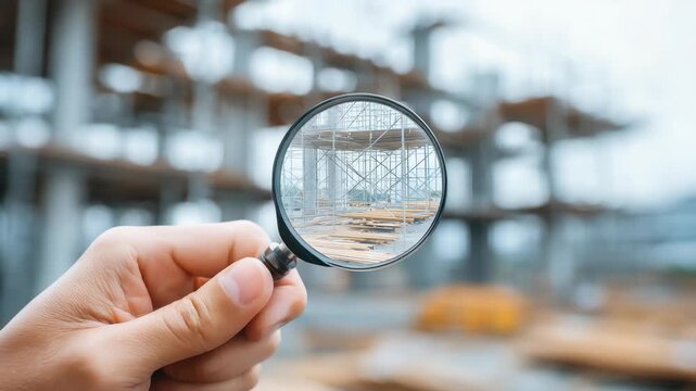 engineer use magnifying glass inspecting construction new house.inspecting construction and quality assurance new house. Engineers or architects or contactor work to build the house.
