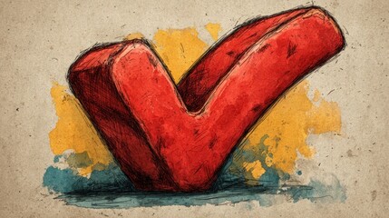 Red Check Mark Icon Isolated on Transparent Background with Sketch Style