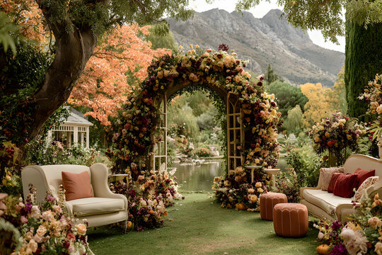 Autumn wedding celebration setup in a garden with a floral arch and decorated seating