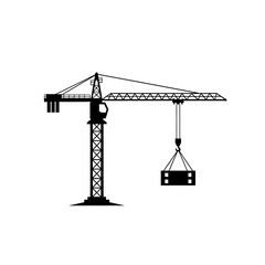 A black and white illustration of a construction crane lifting a container, representing building and industry on a clean white background.
