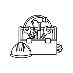 A classic illustration of a toolbox filled with essential tools and a hard hat, symbolizing construction and manual labor.