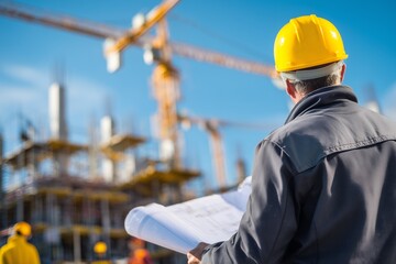 Engineer in hardhat examines blueprints at construction site with cranes against blue sky, concept for project management, architecture planning and building development.