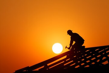 Obraz premium Silhouette of construction worker hammering roof at sunset, vibrant orange sky background. Concept for home improvement, residential building, and skilled trade.