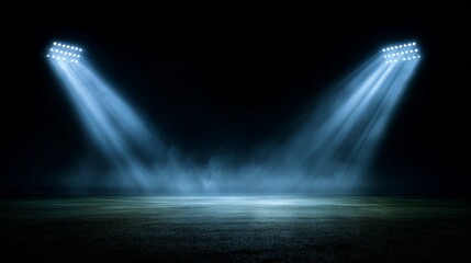 Stadium floodlights illuminate an empty, dark arena with ground fog, creating a dramatic scene. Concept for event spotlight, sporting venue, and stage background, with dramatic lighting.