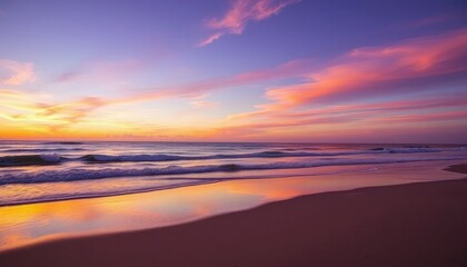 Fototapeta premium Peaceful Beach Sunrise with Colorful Sky Keywords: sunrise, beach, ocean, sky, clouds, waves