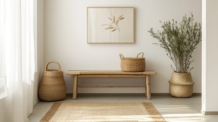 A wooden bench with a basket and a plant