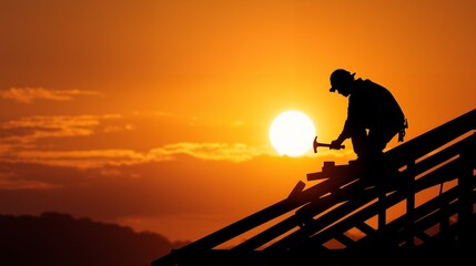 Obraz premium Silhouette of a construction worker hammering on a roof during sunset, with a vibrant orange sky in the background. Concept for home repair, construction industry and skilled labor.