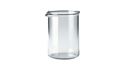 Clear glass beaker, laboratory glassware for scientific experiments on transparent background