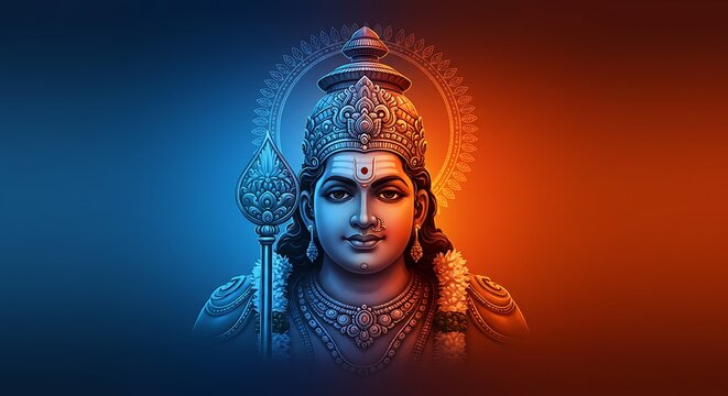 Lord Murugan with Vel spear and peacock in detail