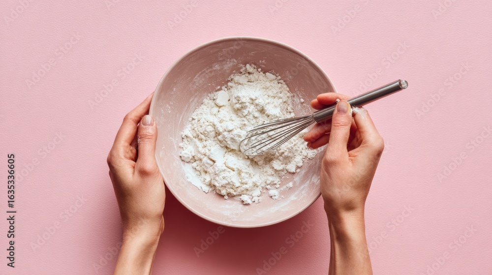 Poster hands mixing clay in a bowl against a minimal pastel background with a clear top view showcasing cre