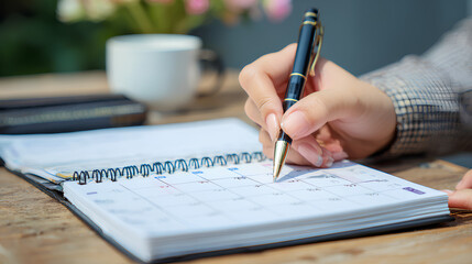 Closeup, woman hand writing on calendar event planner to set timetable organize schedule, event planning for business meeting or vacation plan. Organization and business planning concept.