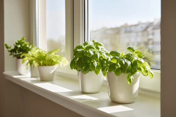 Fototapeta premium bright green plants thrive on light windowsill in minimalist interior design