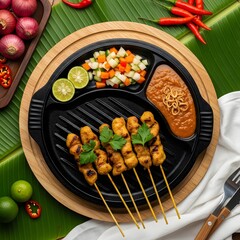 Grilled meat and roasted chicken served with fresh vegetables on a plate for a healthy and delicious meal