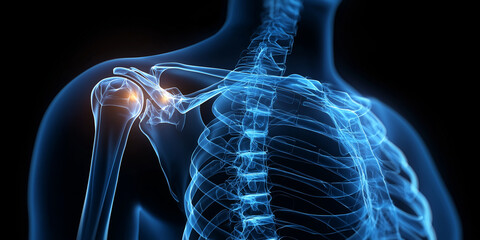 Digital X ray illustration of broken collarbone highlights skeletal structure with focus on shoulder area, showing fracture in detail