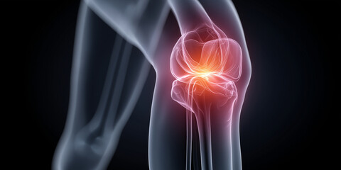 Digital illustration of knee joint highlights inflammation, showcasing skeletal structure and affected area in vivid detail