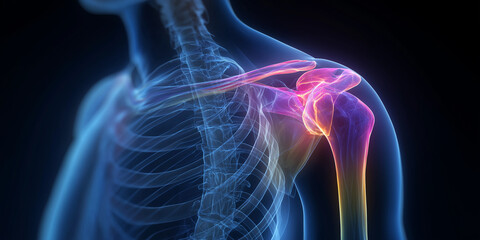 Digital illustration of human shoulder joint highlighting dislocation, showing skeletal structure and ligaments in vibrant colors. image emphasizes anatomy and medical condition