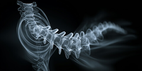 Digital X ray image of twisted spine with curvature highlighted, showcasing intricate details of vertebrae and spinal alignment. image is set against dark background, emphasizing structure