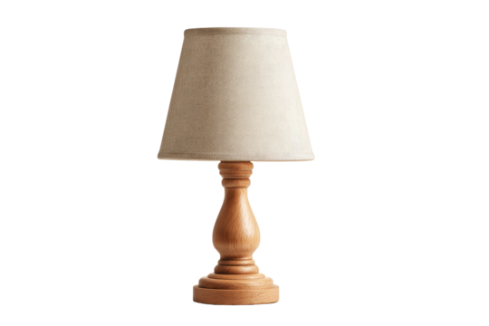 Beige fabric shade, light wood table lamp