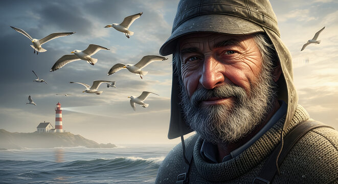 Portrait of a weathered fisherman wearing a cap, with seagulls flying near a lighthouse on a cloudy coastline.