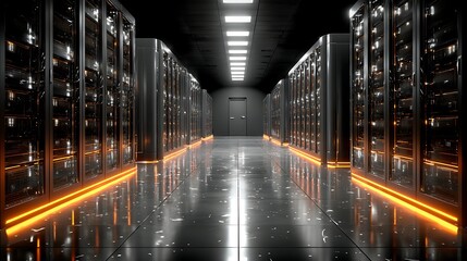 Futuristic high-tech server room with glowing LED racks in symmetrical rows and blank back wall for technology concepts and overlay design use