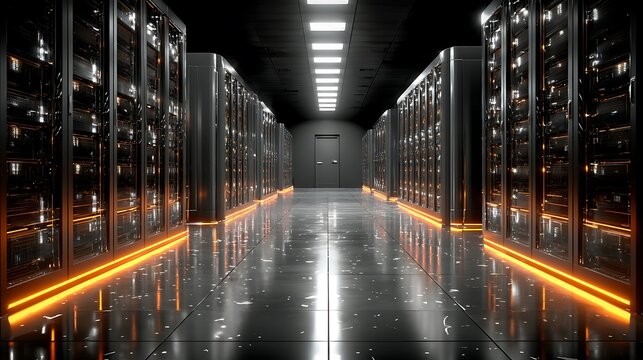 Futuristic high-tech server room with glowing LED racks in symmetrical rows and blank back wall for technology concepts and overlay design use