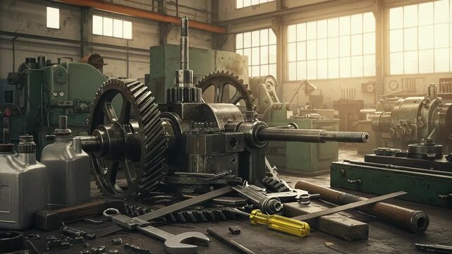 Industrial workshop with machinery tools and sunlight