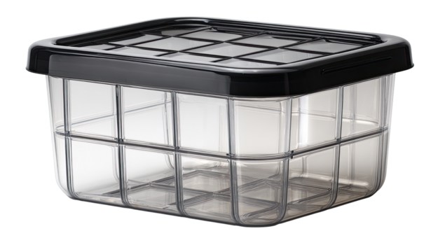 Square, clear plastic storage container with black lid, featuring a grid pattern